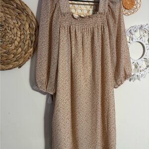 Smocked Square-Neck Long Sleeve Midi Dress - Beige Floral